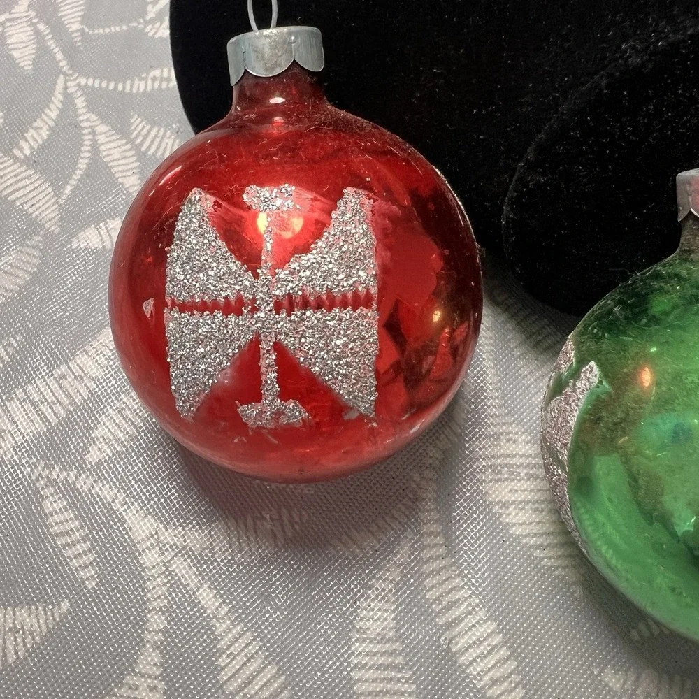 Vintage‎ USA MADE Mercury Glass Christmas Ornaments Stencil Glitter Lot 4